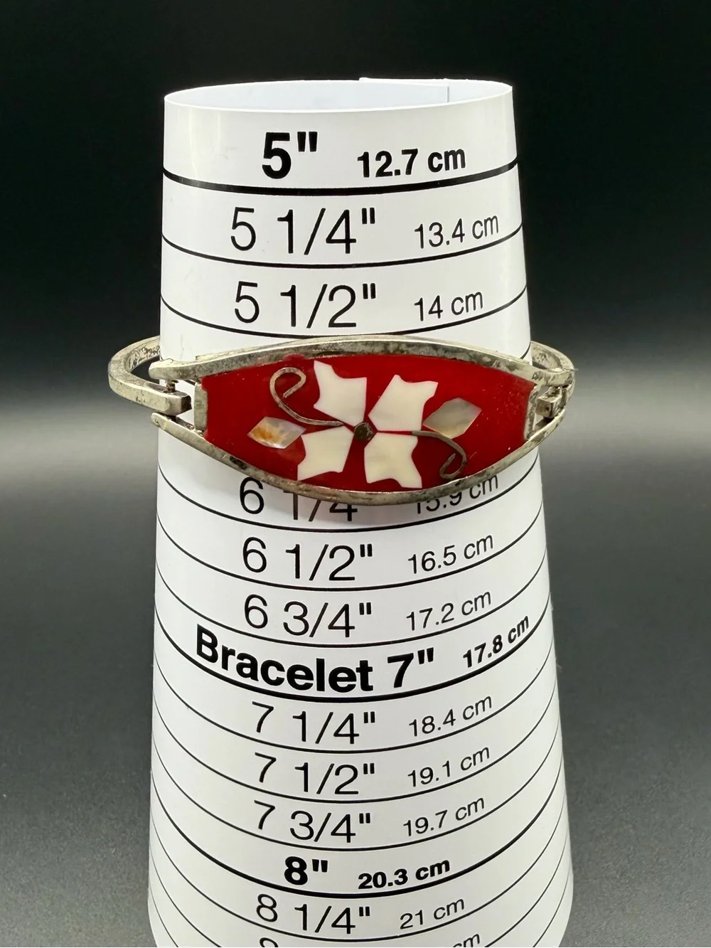 Vintage Alpaca Mexico Silver Tone Red Multi Shell Abalone Hinged Bangle Bracelet